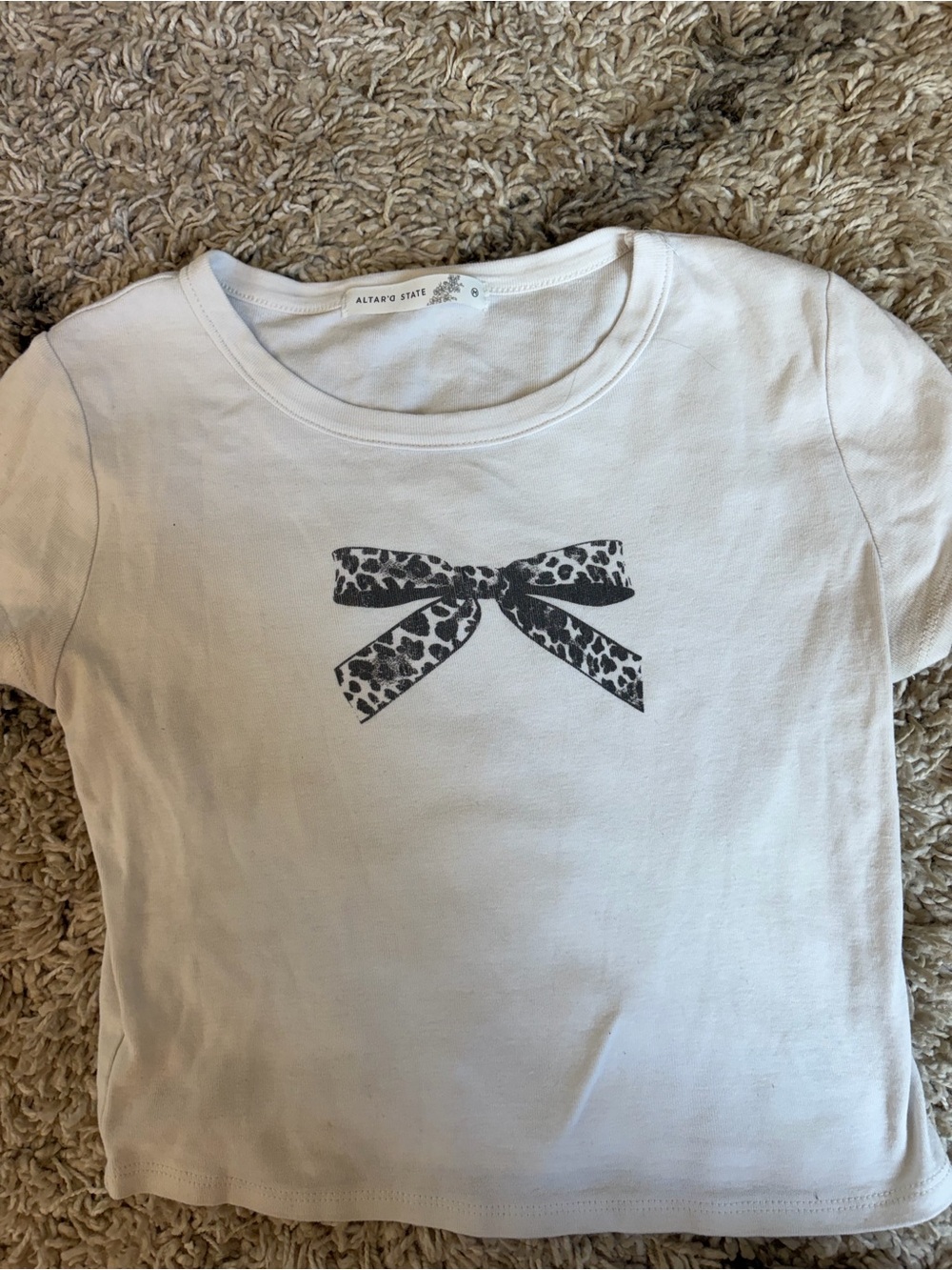 Altar'd State White Tee with Black Leopard Bow Graphic